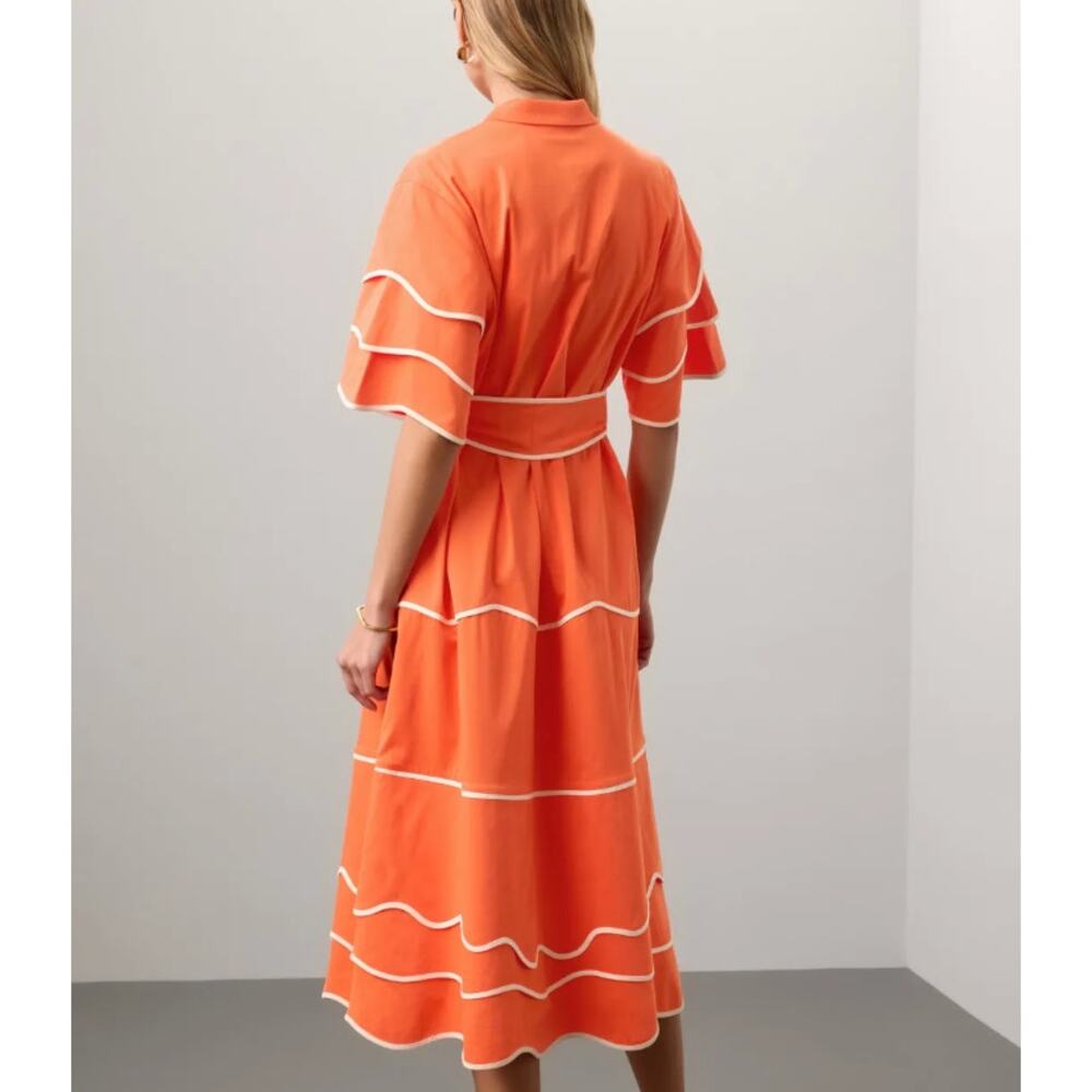 Alexis Orange Midi Shirt Dress XL Bright Feminine Career Fit flare Designer $575 - Picture 3 of 13